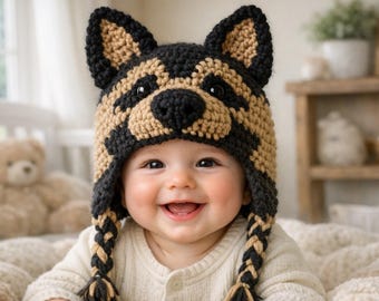 German Shepherd Dog Crochet Hat Pattern, Baby Puppy Beanie, Kids Animal Hat (Digital Download)