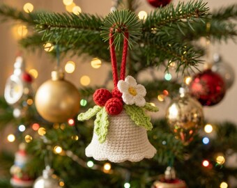 Christmas Bell Crochet Pattern PDF, Amigurumi Hanging Bell Ornament, Holly Berry Bell Decor, Festive Tree Ornament, Instant Download