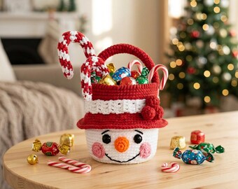 Snowman Basket Crochet Pattern PDF, Amigurumi Christmas Gift Basket, Candy Cane Handle Treat Bag, Snowman Decor, Instant Download