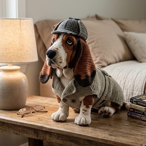 Może przedstawiać: Szydełkowany pies Basset Hound w tweedowym kapeluszu i beżowym płaszczu, siedzący na drewnianym stole. Pies ma brązowo-białe futro i duże, oklapnięte uszy. Na stole leżą okulary i książki.