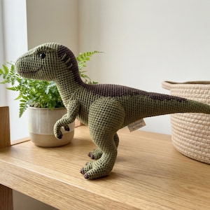Puede incluir: Un juguete de dinosaurio tejido a mano en tonos verdes y marrones, con una textura. El dinosaurio está colocado sobre una superficie de madera, cerca de una planta en maceta y una cesta tejida. Una pequeña etiqueta dice "Handmade by Nana".