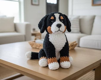 Schema amigurumi all'uncinetto per cane da montagna bernese in formato PDF