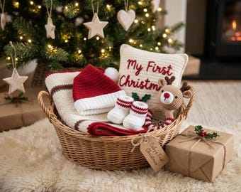 Christmas Baby Gift Set Crochet Pattern PDF, Santa Hat Booties Blanket Reindeer Rattle, My First Christmas Pillow, Instant Digital Download