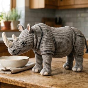 May include: A handcrafted, gray crocheted rhinoceros stands on a wooden table. The rhino has a large horn, small ears, and detailed stitching. A small bowl and linen napkin are in the foreground. The background includes a window and kitchen cabinets.