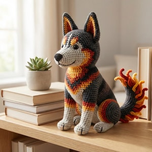 May include: A handcrafted crochet dog figurine with a gray, orange, and yellow color scheme. The dog has a fluffy tail and is sitting on a wooden surface next to a small potted succulent and a stack of books.