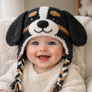 Könnte beinhalten: Ein lächelndes Baby trägt einen handgefertigten Hunde-Hut aus Häkelarbeit mit schwarzen, weißen und braunen Details. Der Hut hat schlaffe Ohren und ein Hunde-Gesicht. Das Baby trägt auch einen cremefarbenen Pullover.