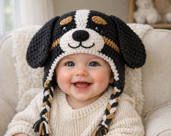 Bernese Mountain Dog Crochet Hat Baby Puppy Beanie PDF Kids Animal Digital Pattern