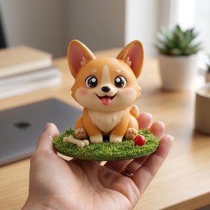 May include: A small, tan and white Corgi figurine with large eyes and a smiling expression, sitting on a circular green grassy base. The figurine is accompanied by a small white bone and a tiny red ball placed on the textured green surface.