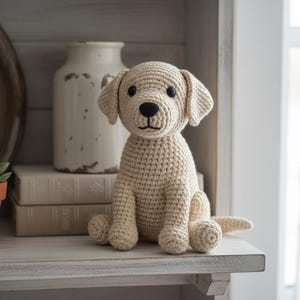 Könnte beinhalten: Ein gehäkeltes Hundespielzeug in sitzender Position, mit hellbeiger Farbe und schwarzen Augen und Nase. Der Hund hat Schlappohren und einen kleinen Schwanz. Es sitzt auf einem weißen Regal mit anderen dekorativen Gegenständen.