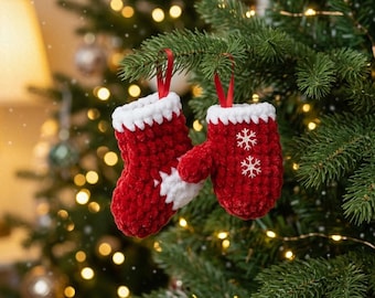 Christmas Ornament Crochet Pattern PDF, Mini Stocking Mitten Ornaments, Plush Velvet Tree Decor Set, Instant Download
