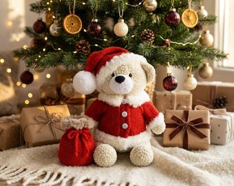 Christmas Teddy Bear Crochet Pattern PDF, Jointed Santa Bear Amigurumi, Plush Holiday Bear with Outfit, Instant Download