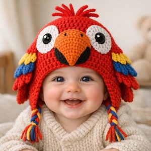 Patroon gehaakte muts ara papegaai, pdf babybeanie, kinderkostuum (digitaal patroon)