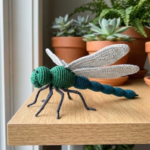 May include: A handcrafted crochet dragonfly with a green head and body, a blue abdomen, and gray wings. The dragonfly has black legs and is displayed on a wooden shelf. The background features potted plants.