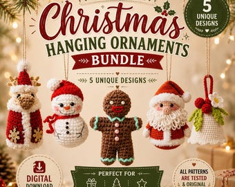 Christmas Ornament Crochet Pattern Bundle PDF, 5 Amigurumi Patterns, Santa Snowman Gingerbread Reindeer Bell, Hanging Ornaments Set
