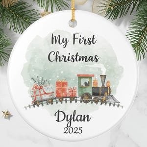 2025  Baby&#39;s First Christmas Ornament, Custom Name Ornament for New Parents, Watercolor Train Keepsake
