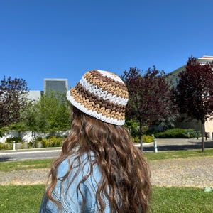 Crochet Bucket Hat for Women, Handmade Striped Straw Raffia Cap, Made From Paper Thread