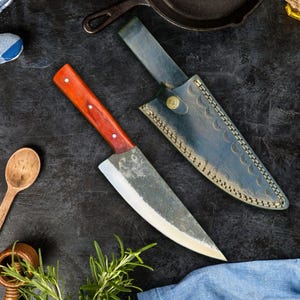 Hand Forged High Carbon Steel Chef Knife with Leather Sheath