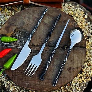Hand Forged Medieval Utensil Set: Carbon Steel Fork, Knife, Spoon & Pick with Leather Sheath