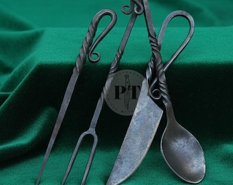 Hand Forged Medieval Cutlery Set, Viking Silverware Serving Utensils Spoon Set, gift for lovers