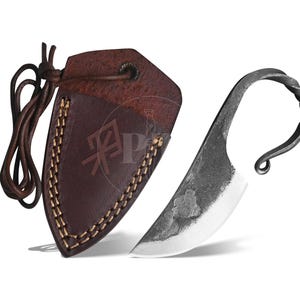 May include: A hand-forged knife with a curved blade and a twisted handle. The knife is displayed next to a brown leather sheath with decorative stitching and a leather cord. The knife and sheath are set against a white background.
