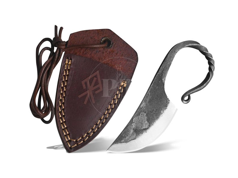 May include: A hand-forged knife with a curved blade and a twisted handle. The knife is displayed next to a brown leather sheath with decorative stitching and a leather cord. The knife and sheath are set against a white background.