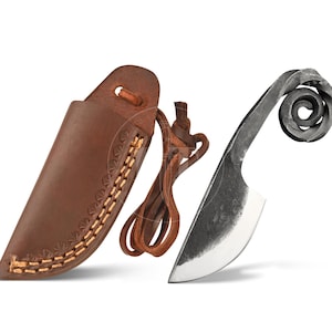 May include: A hand-forged knife with a curved blade and a decorative spiral handle. The knife is displayed with a brown leather sheath and a leather lanyard. The sheath has decorative stitching. The knife blade is silver.