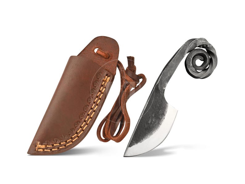 May include: A hand-forged knife with a curved blade and a decorative spiral handle. The knife is displayed with a brown leather sheath and a leather lanyard. The sheath has decorative stitching. The knife blade is silver.