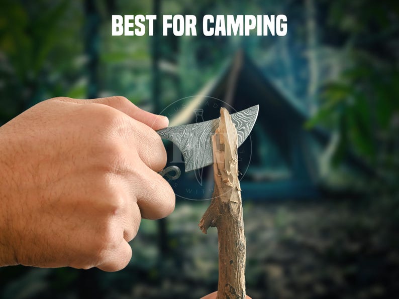 May include: A camping knife with a patterned blade is used to carve a wooden stick. The text "BEST FOR CAMPING" is displayed above the knife. The background is blurred, showing a tent and trees.