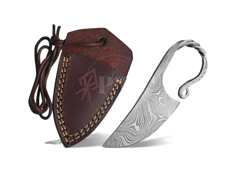 May include: A Damascus steel knife with a curved blade and a twisted handle, next to a brown leather sheath with decorative stitching. The knife and sheath are set against a white background.