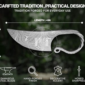 May include: A hand-forged Damascus steel blade knife with a decorative handle. The knife is 4 inches long and 1.5 inches high. The text on the image reads "CARFTED TRADITION, PRACTICAL DESIGN" and "TRADITION FORGED FOR EVERYDAY USE".