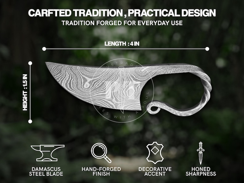 May include: A hand-forged Damascus steel blade knife with a decorative handle. The knife is 4 inches long and 1.5 inches high. The text on the image reads "CARFTED TRADITION, PRACTICAL DESIGN" and "TRADITION FORGED FOR EVERYDAY USE".