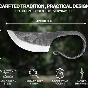 May include: Hand-forged knife with a curved blade and a twisted handle. The blade is 4 inches long and 1.5 inches high. The text reads "CARFTED TRADITION, PRACTICAL DESIGN" and "TRADITION FORGED FOR EVERYDAY USE".