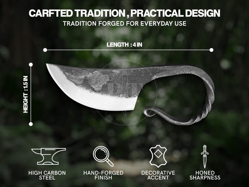 May include: Hand-forged knife with a curved blade and a twisted handle. The blade is 4 inches long and 1.5 inches high. The text reads "CARFTED TRADITION, PRACTICAL DESIGN" and "TRADITION FORGED FOR EVERYDAY USE".