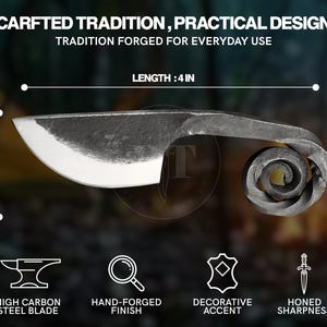 May include: Hand-forged knife with a high carbon steel blade, measuring 4 inches in length and 1.5 inches in height. Features a decorative accent and honed sharpness. The text reads "CARFTED TRADITION, PRACTICAL DESIGN".