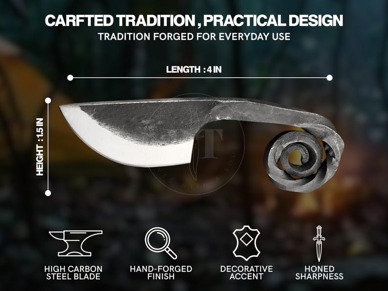 May include: Hand-forged knife with a high carbon steel blade, measuring 4 inches in length and 1.5 inches in height. Features a decorative accent and honed sharpness. The text reads "CARFTED TRADITION, PRACTICAL DESIGN".