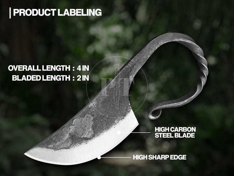 May include: Hand-forged knife with a curved blade and twisted handle. Overall length is 4 inches, blade length is 2 inches. Features a high carbon steel blade and a high sharp edge. Product labeling is visible.