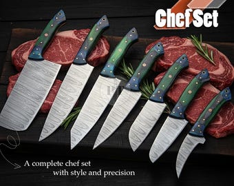 Handmade Damascus Steel Chef Knife Set, Kitchen Knives with Leather Sheath