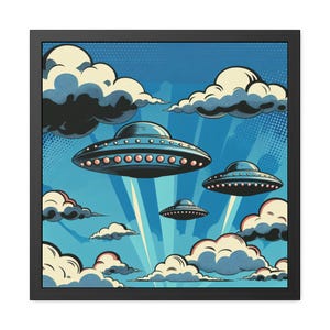 UFO Invasion Day Framed Posters, Alien Abduction Art Print, Extraterrestrial Home Decor, Outer Space Wall Art, Sci-Fi Poster Gift