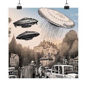 Puede incluir: Una ilustración en blanco y negro de una escena de ciudad con tres platillos voladores flotando sobre los edificios. Los platillos están dibujados en un estilo retro de cómic. La gente camina por la calle de abajo, y hay coches aparcados en el borde de la carretera.