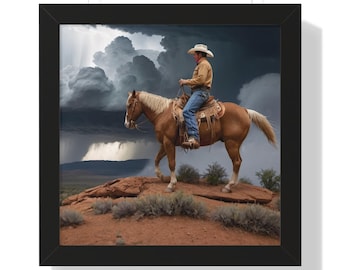 Affiche horizontale encadrée de cow-boy rustique, décoration western, oeuvre d'art équestre, cadeau pour amateur de chevaux, art mural ranch maison
