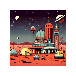 Puede incluir: Una ilustración de estilo retro de una ciudad futurista en un planeta rojo. La ciudad está compuesta por edificios altos con techos redondeados y ventanas. También hay edificios más pequeños y vehículos en la escena. El cielo es azul oscuro con estrellas y una luna creciente.