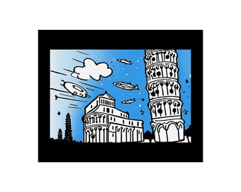 Fine Art Posters - UFOs over Pisa, Alien Spaceship Print, Extraterrestrial Wall Art, Sci-Fi Poster, Outer Space Decor