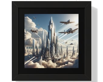 Posterprint, stad in de wolken ingelijste muurkunst, decor van het huis van de skyline stedelijk landschap, mistig stadsgezicht illustratie, sfeervolle muur