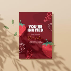 Red and Green Strawberry Birthday Party Invitation Digital Download Template