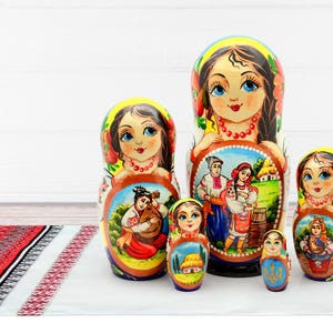 Hand-Painted Ukrainian Matryoshka Nesting Dolls – Unique Wooden Babushka Doll Set – Traditional Ethnic Gift - Stacking Dolls Set of Five 16&quot;