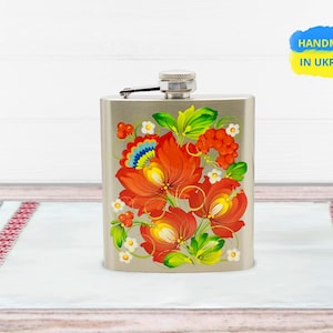 Hand-Painted 7 oz Metal Flask in Petrykivka Style – Ukrainian Folk Art Gift for Men - Stainless Steel Hip Flask - Pocket Whiskey Container