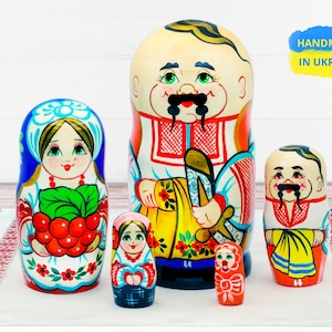 Matryoshka Nesting Dolls - Ukrainian Wooden Babushka - Folk Art Home Decor & Gift - Kozak Family Stacking Dolls - Set of Five 5.7&quot;