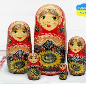 Handmade Ukrainian Nesting Dolls – Traditional Wooden Matryoshka – Unique Home Decor & Gift - Stacking Dolls with Flowers, Set of Five 5.5&quot;