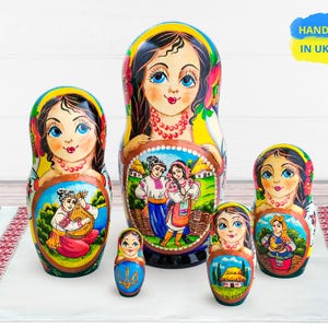 Hand-Painted Ukrainian Matryoshka Nesting Dolls – Unique Wooden Babushka Doll Set with Flowers– Ethnic Gift - Stacking Dolls Set of Five 16&quot;