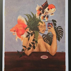 May include: A watercolor painting of a person with a glass of wine, surrounded by plants and goldfish. The person has a neutral expression and is looking at the glass of wine. The background is a light blue color.